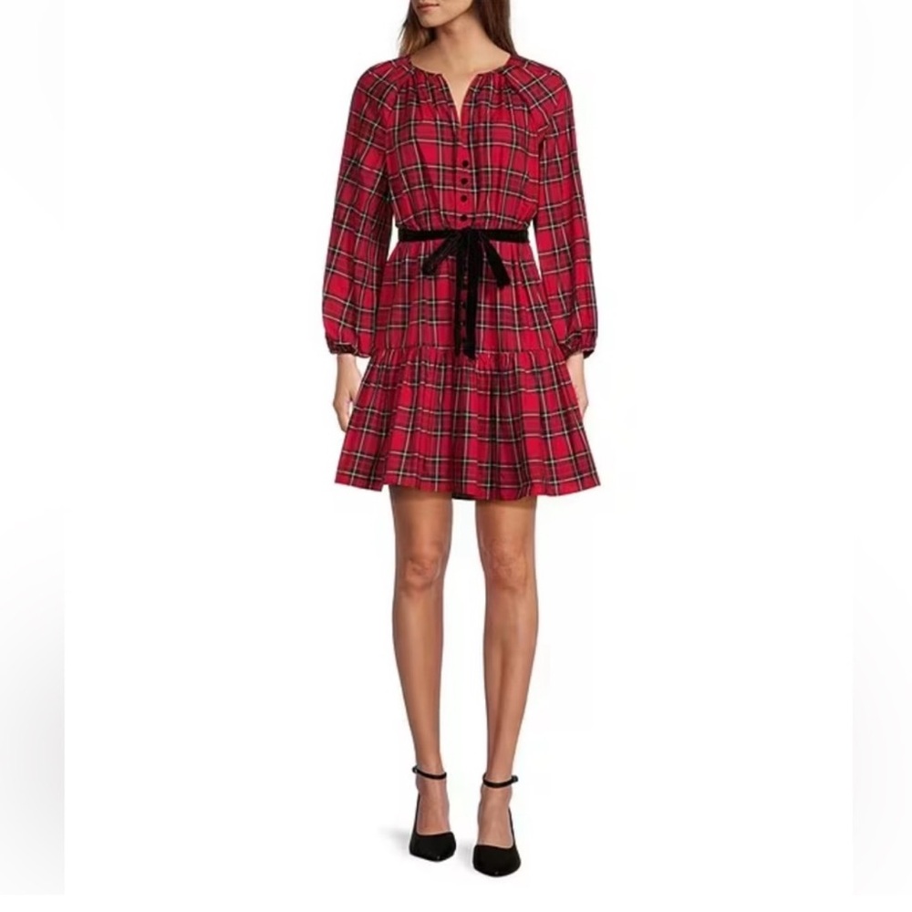 Antonio Melani Karla Plaid Taffeta V-Neck Tie Belt Mini Dress - Picture 3 of 15